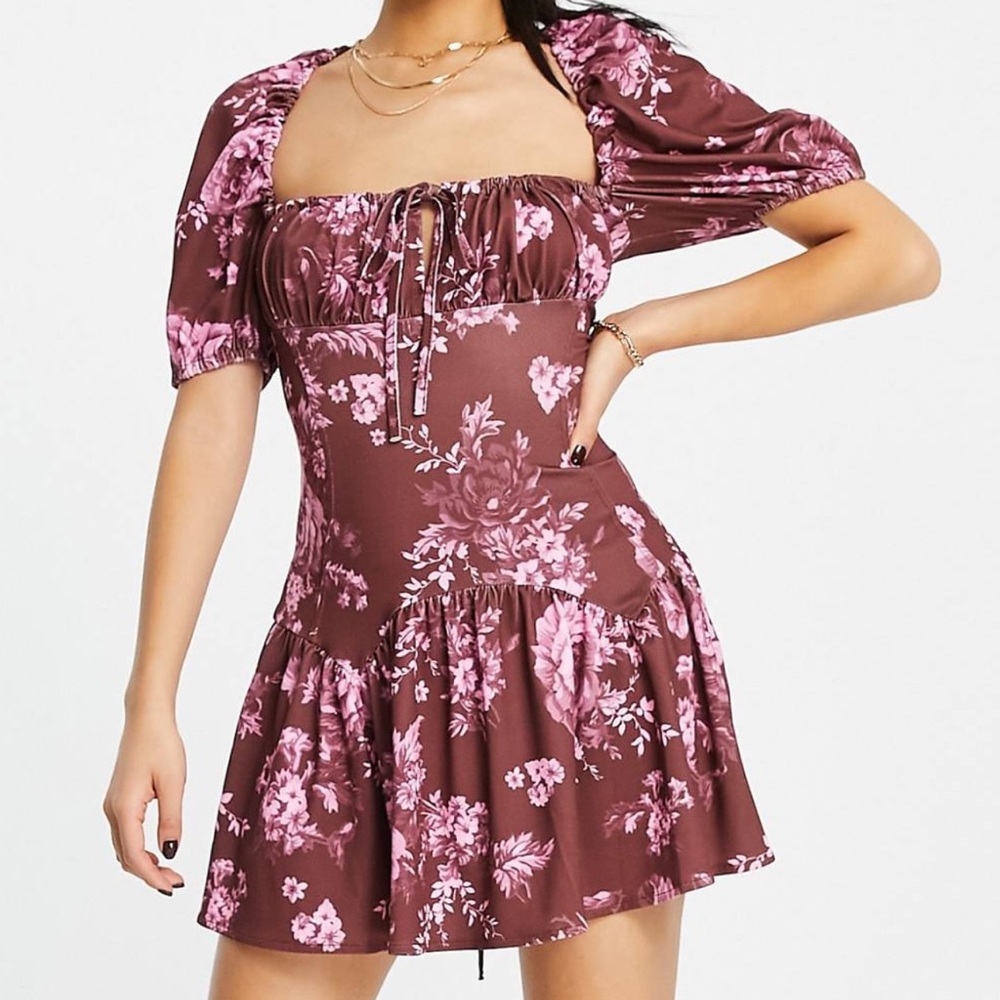 ASOS DESIGN Petite square neck mini dress with tie back in rose print